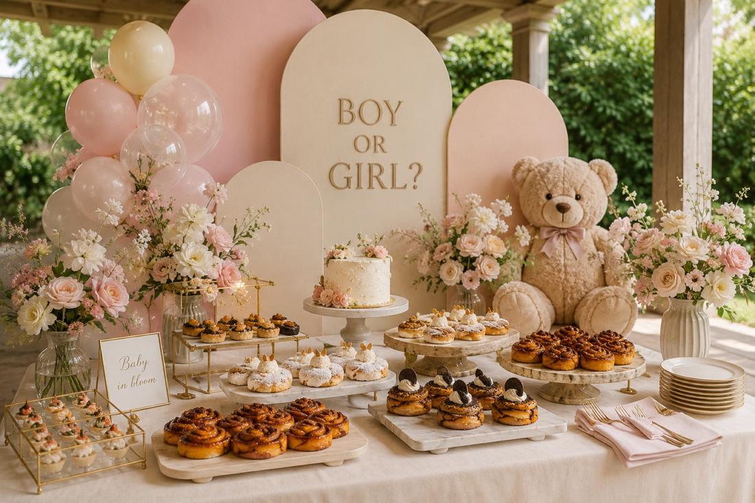 Goldie's cinnamon buns at a baby shower dessert table