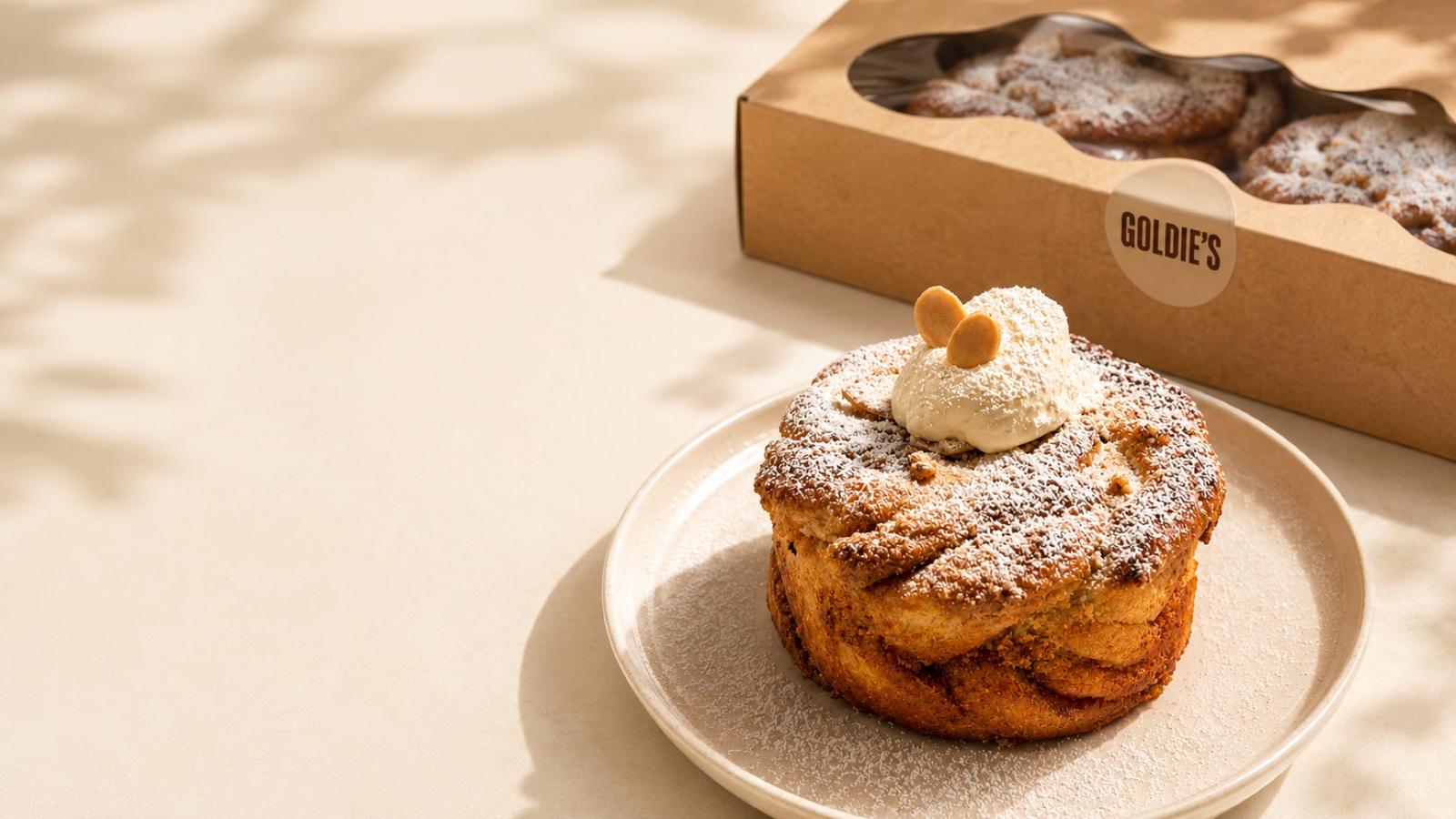 A Goldie's cinnamon bun topped with whipped cream and toasted almonds, beside a kraft Goldie's box